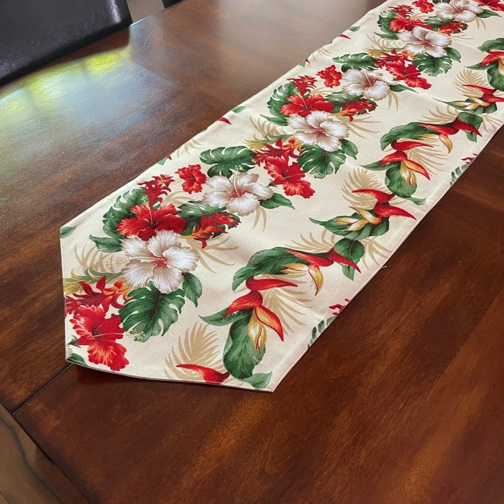 Reversible Hawaiian Tropical Table Runner Size 61x12 Tan Hibiscus Palm Trees